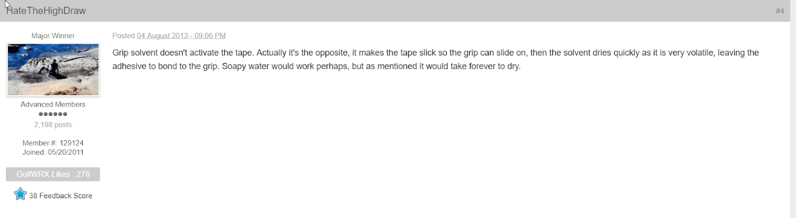 Everything You Need to Know for Choosing the Perfect Golf Grip Tape 3 ScreenShot of Forum pointing out what golf grip tape solvent does to grips and tape